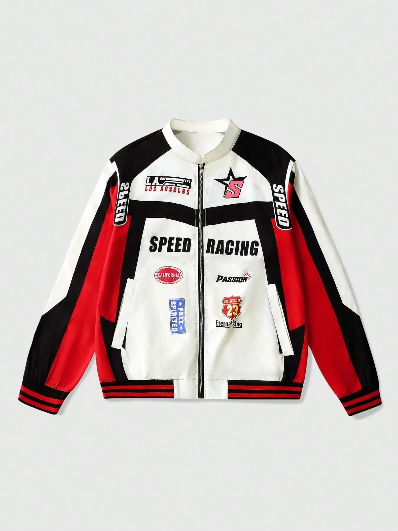 Color‑Block Stand‑Collar Zip‑Up Racing Jacket, Biker Jackets, Multi‑Badge Letter Slogan Print, Ribbed Hem & Cuffs, Motorbike‑Style Outerwear, Oversized Drop‑Shoulder Unisex Spring‑Fall Coat, For Daily Travel, Photoshoot & Holiday Gifts