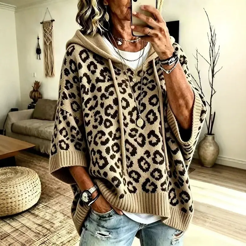 Women's hooded sweater, autumn and winter knitted sweater, hoodie, leopard print hooded sweater with drawstring, knitted pullover, knitted outerwear, loose-fitting top