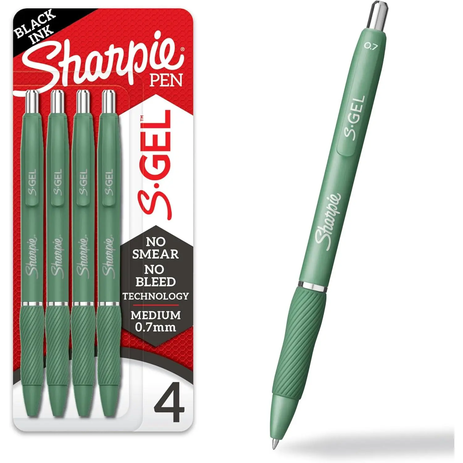 Sharpie S-Gel Gel Pens, Green Barrel, Black Ink, Medium Point (0.7mm), 4 Count - For Home, Office, College, Journaling, Drawing, Note-Taking, Writing