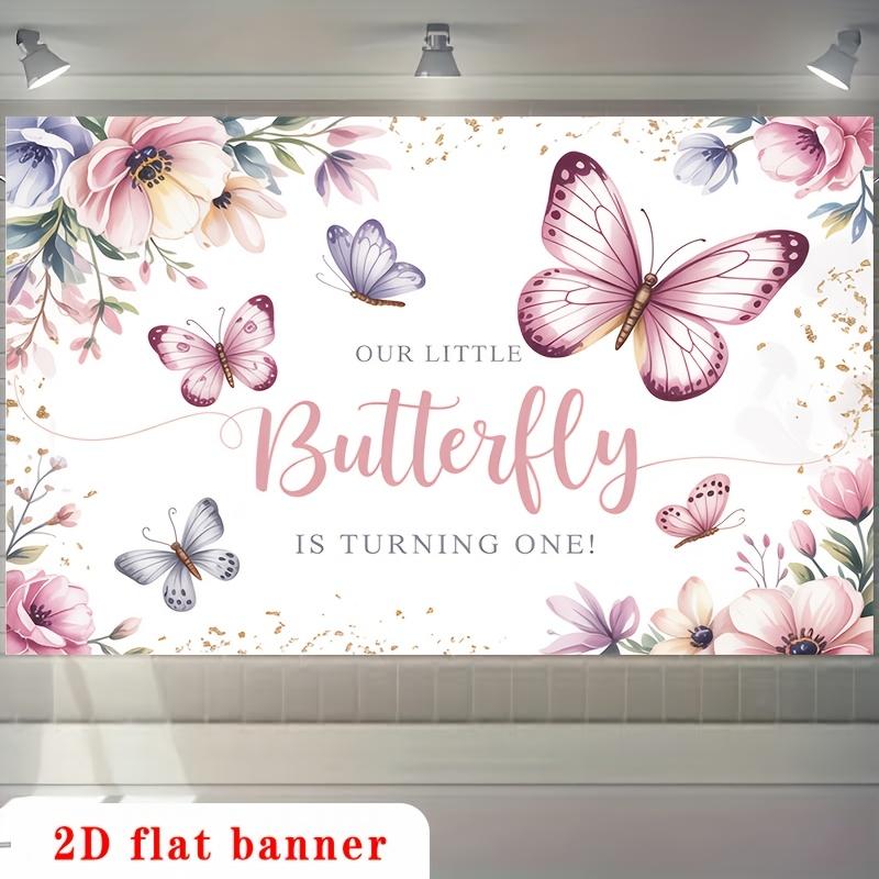 2D Flat, [party Backdrop] 2D Flat Banner, 1pc Little Butterfly First Birthday with Pink Butterflies and Pastel Flowers Polyester Backdrop, for Party Decor Farm, Garden, Home, Room, Club, No Electricity, This