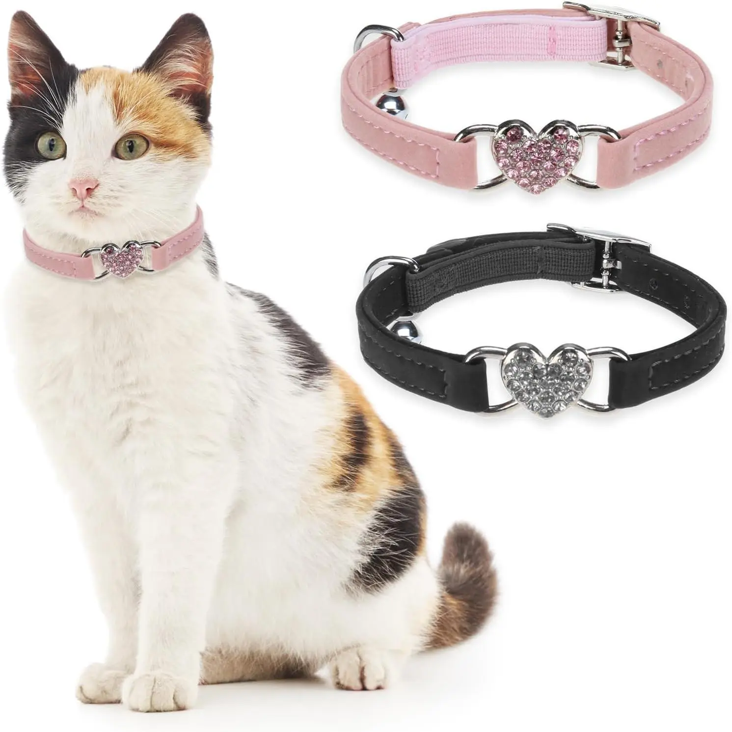 2 Pack Diamond Cat Collar with Bells and Safety Belt, Adjustable Soft Velvet Kitten Collar with Bling Heart Jewelry, Cute Black & Pink Cat Collars for Girls & Boys(Neck Girth 8"-10") Pet Decoration Supplies
