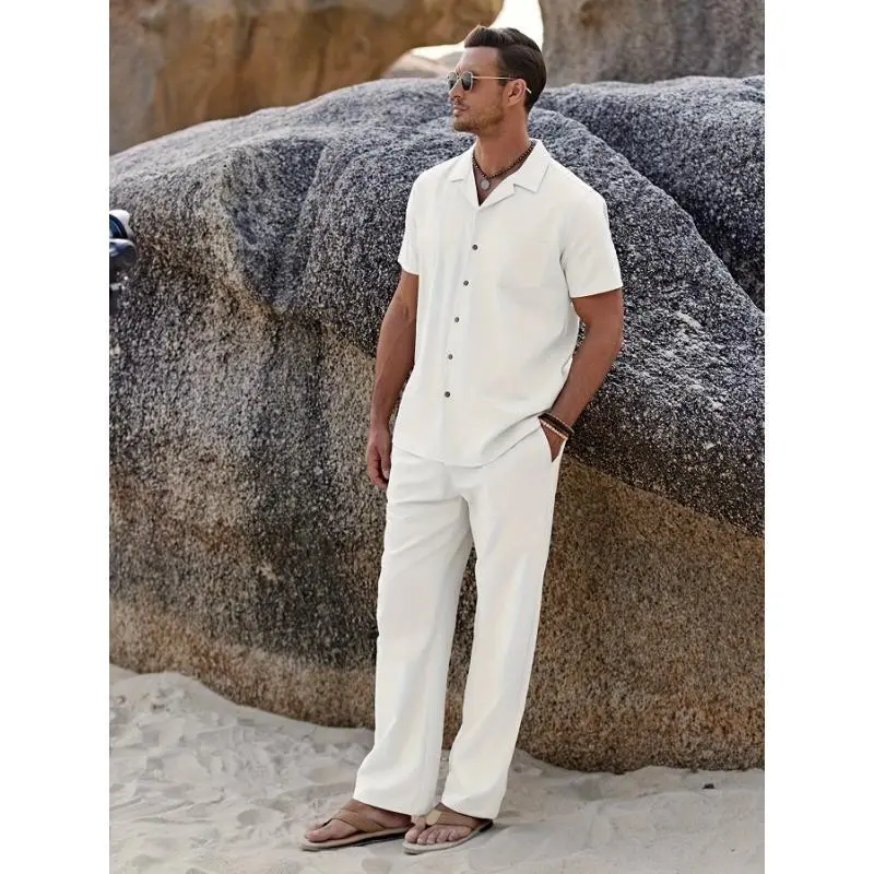 Men 2pcs Linen Outfit Beach Button Shirt Casual Loose Pant Sets