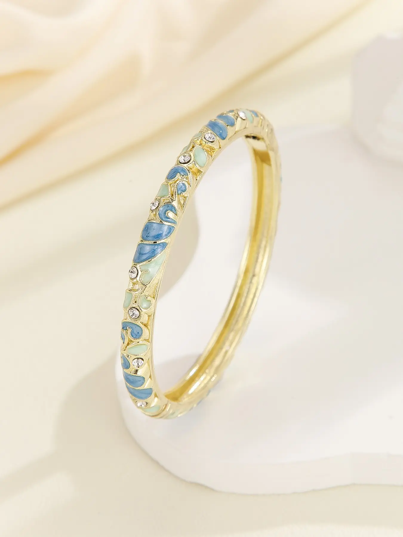 Cloisonné Style Hinged Enamel Bangle for Women, Gold Plated Swirling Vine Cuff with Sparkling Rhinestones, Elegant Vintage Jewelry Gift
