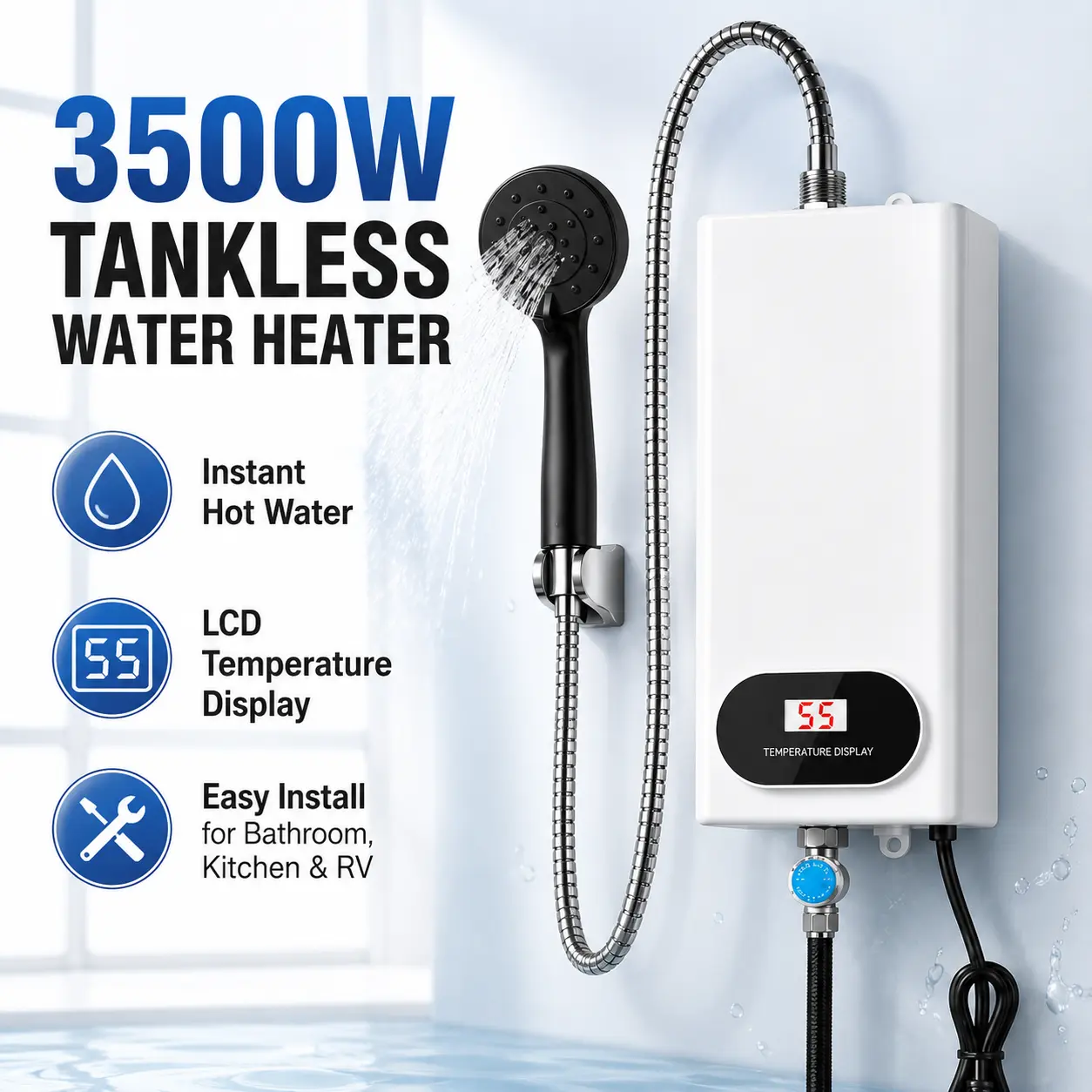3500W Electric Tankless Water Heater with Shower Head Set and LCD Temperature Display, Compact Instant Hot Water System with Stainless Steel Construction, Easy-Install On-Demand Heater for Bathroom, Kitchen, RV and Small Household Spaces