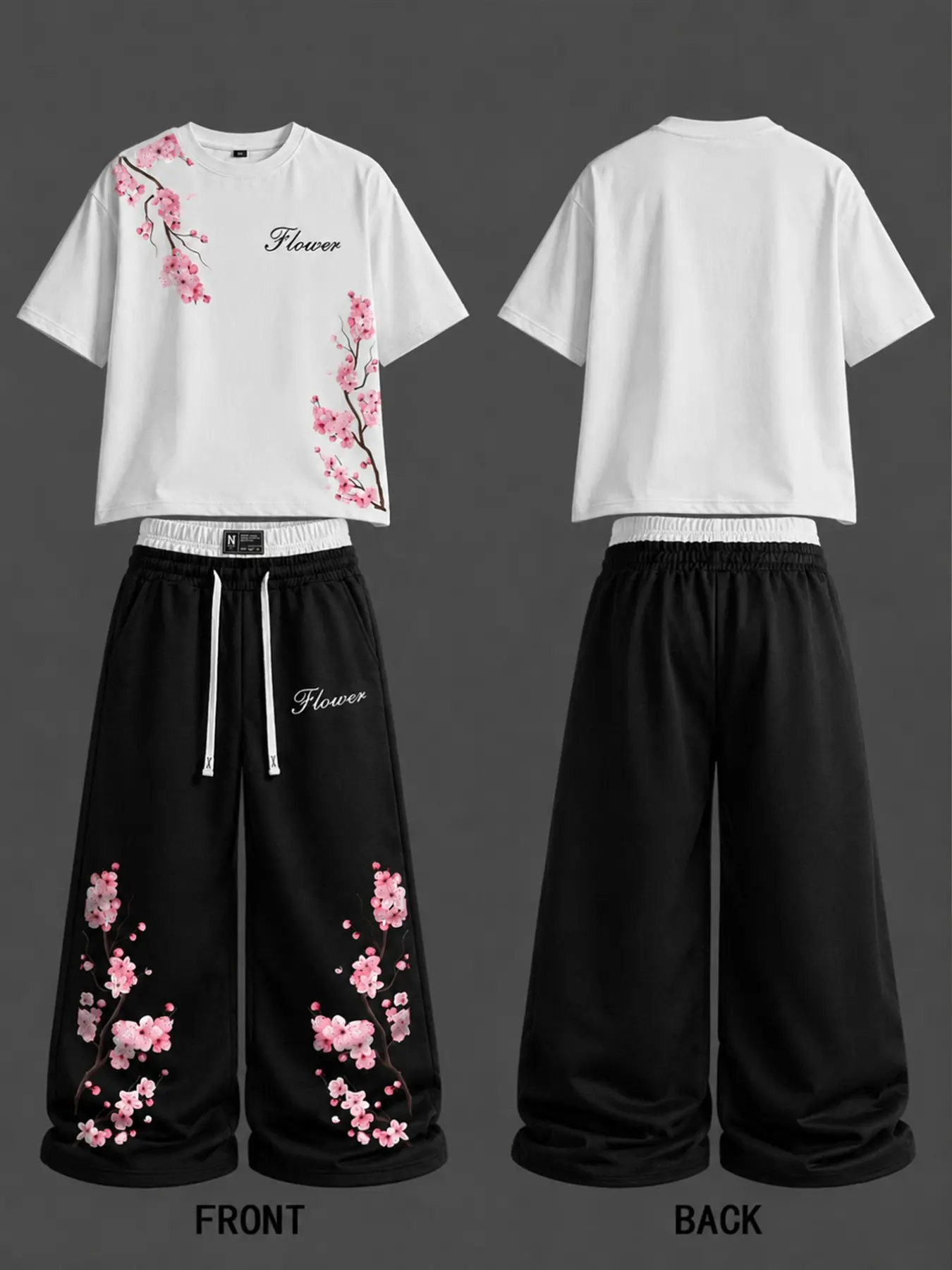 Men's T-Shirt Set with Cherry Blossom Print, Casual Long Pants, Spring Fall, Party Beach Picnic