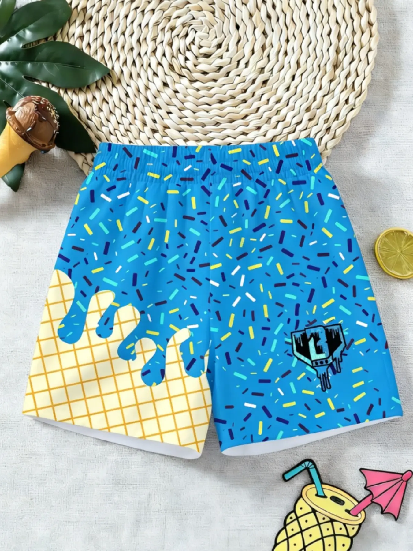 Blue Sugar Crumb Waffle Ice Cream Drop Lightweight Printed Shorts, Elastic Waist Summer Casual Beach Trunks, Boys Girls Knee-Length Boxers