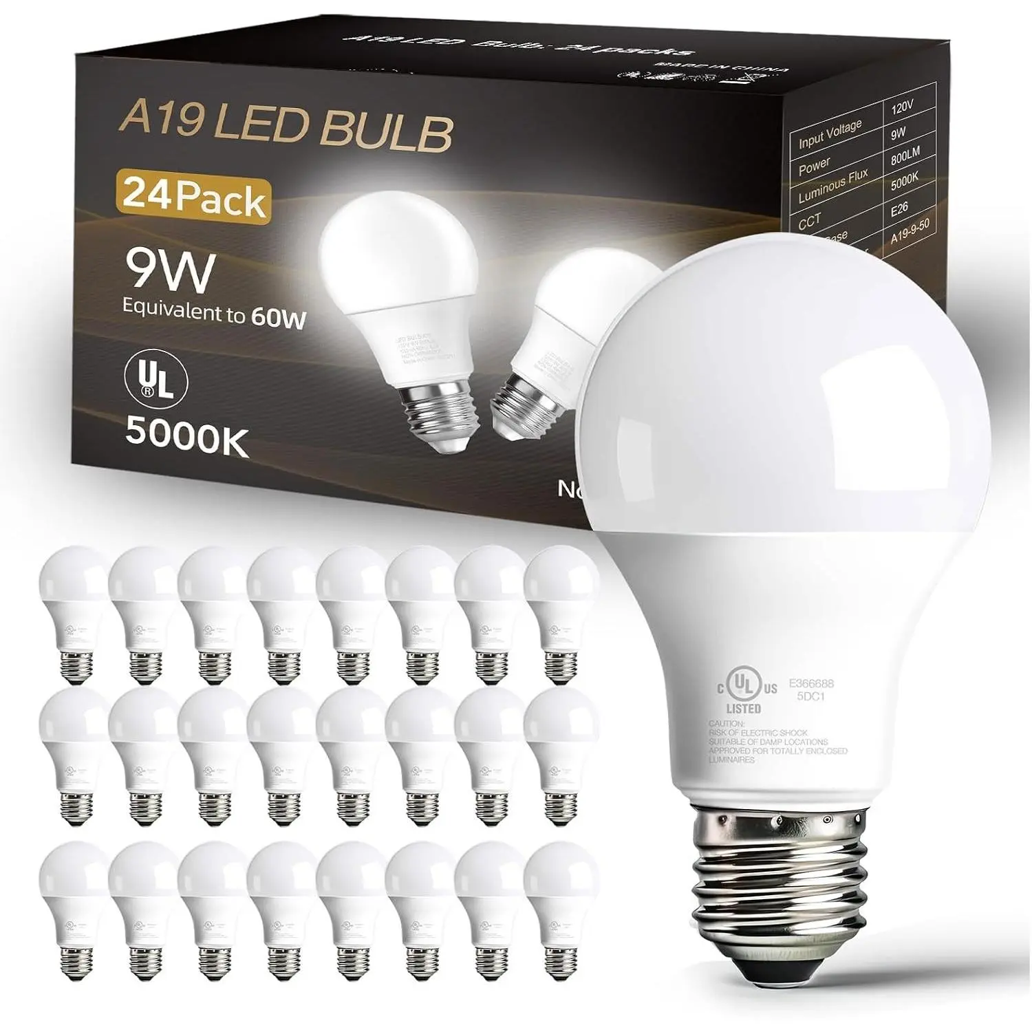 24 Pack LED Bulbs Daylight White 5000K, 60 Watt Equivalent A19 Standard Bulbs, E26 Base, 800 LM, Efficient 9W Energy Saving, Non-Dimmable, 80+ CRI, 120V, UL Listed, for Living Room, Office