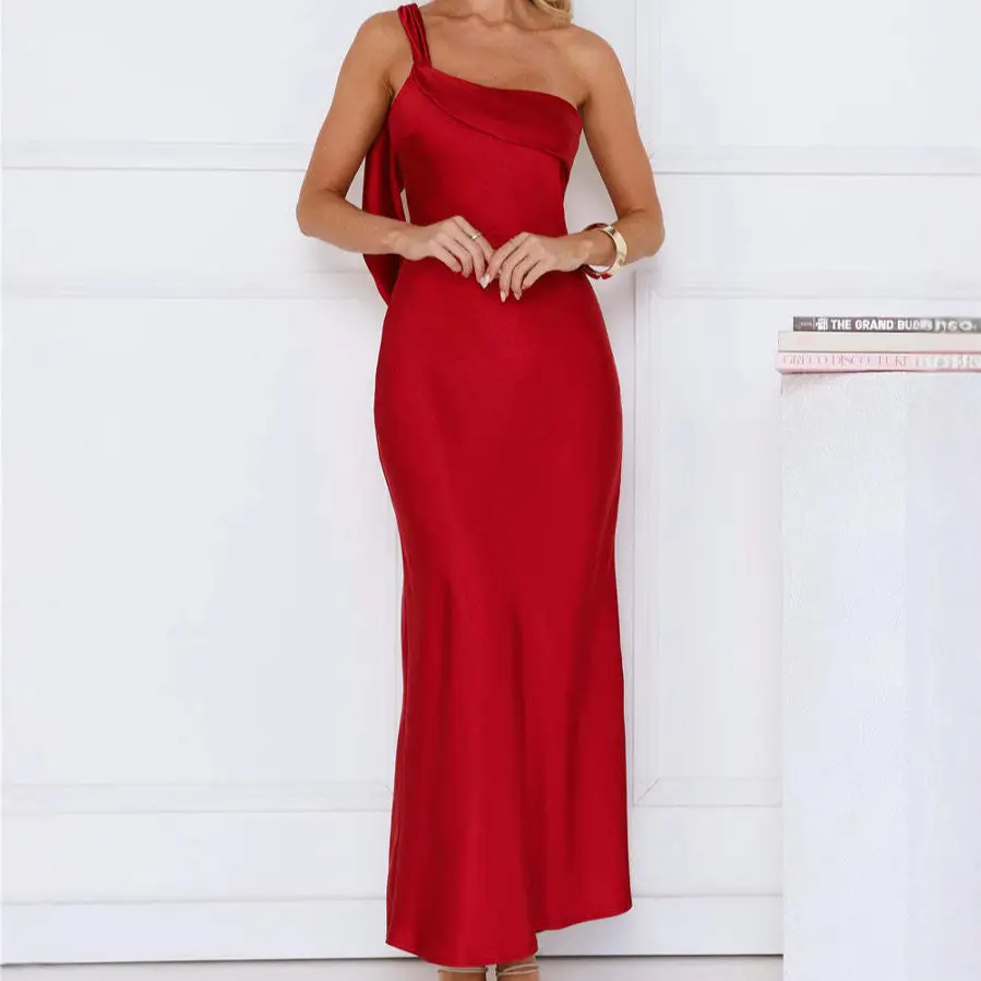 2026 European and American women's clothing solid color suspender sexy high sense satin split long dress dress