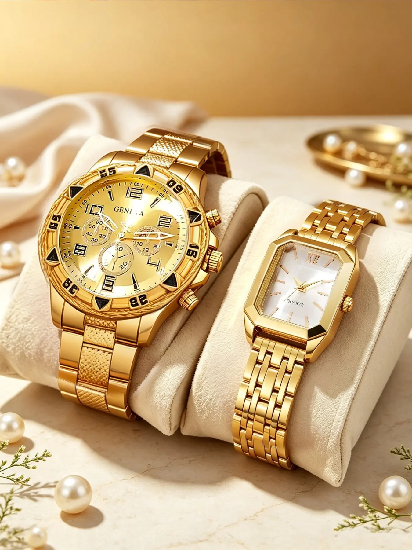 2-Piece Fashion Couple Watch Set, Men's Multi-Dial, Women's Square Dial, Perfect for Halloween, Birthday, Ramadan Gifts