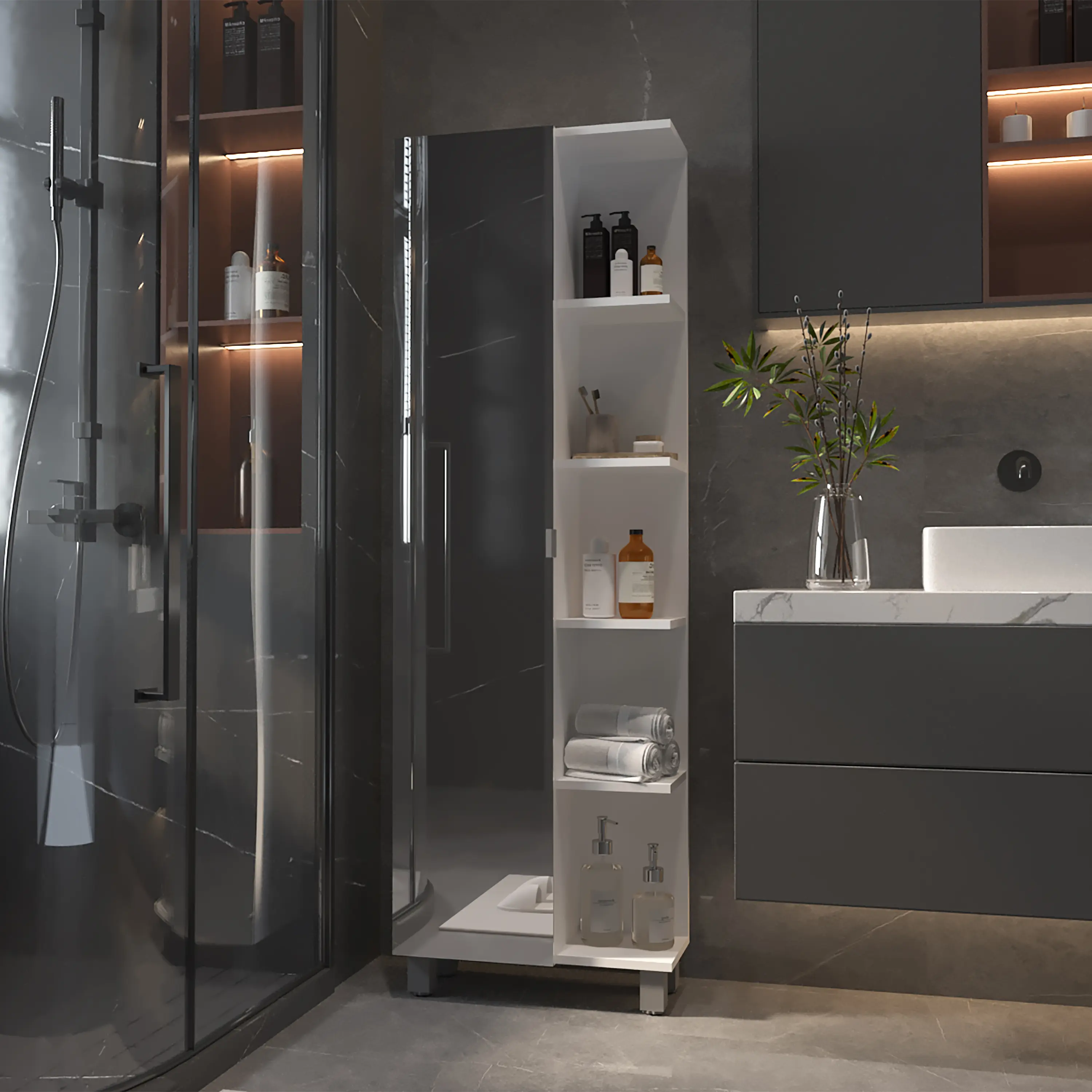 Nokaa 62" Tall Freestanding Bathroom Cabinet with Mirrored Door, White Engineered Wood Storage, 5 Shelves, Adjustable Interior, Modern Organizer for Towels and Toiletries, Single Door, 20.15"W x 8.58"D x 62.2"H