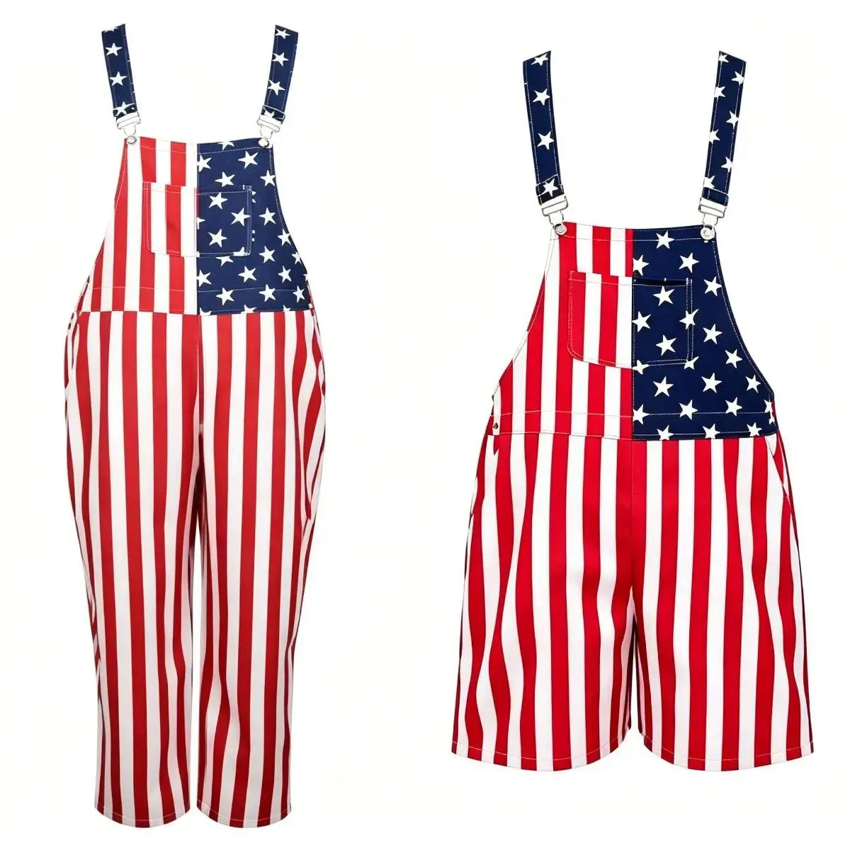 Red, White & Blue Star Stripe Overalls –  Memorial Day, National Holiday Celebrations, Parades, Parties, and Casual Vacation Wear