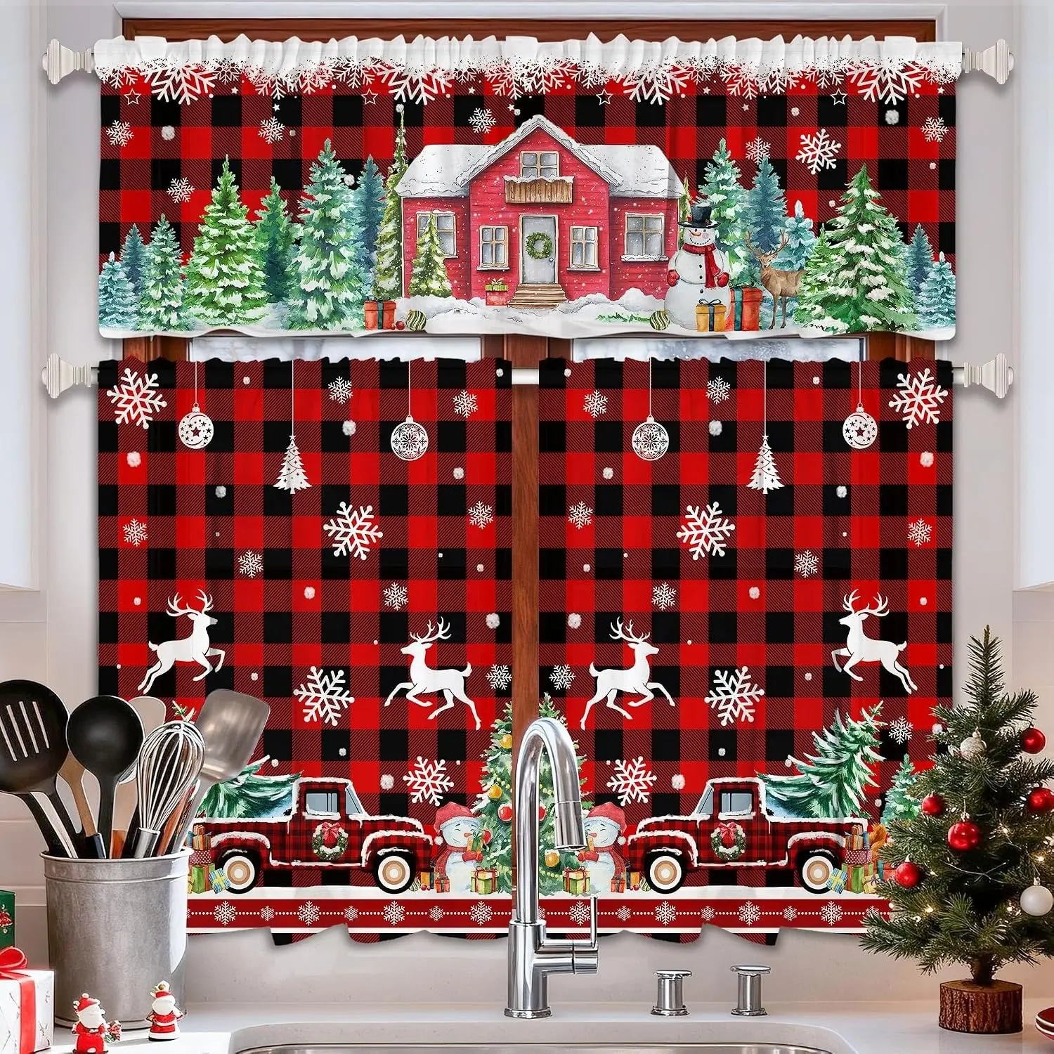 Christmas Kitchen Curtain Set, Valance Curtains, Red Black Buffalo Plaid Christmas Town Pickup Truck Snowman Watercolor Print Valance + 2 Short Sheer Panels, Polyester Fabric Holiday Decor Window Curtain For Kitchen Small Windows Xmas Home