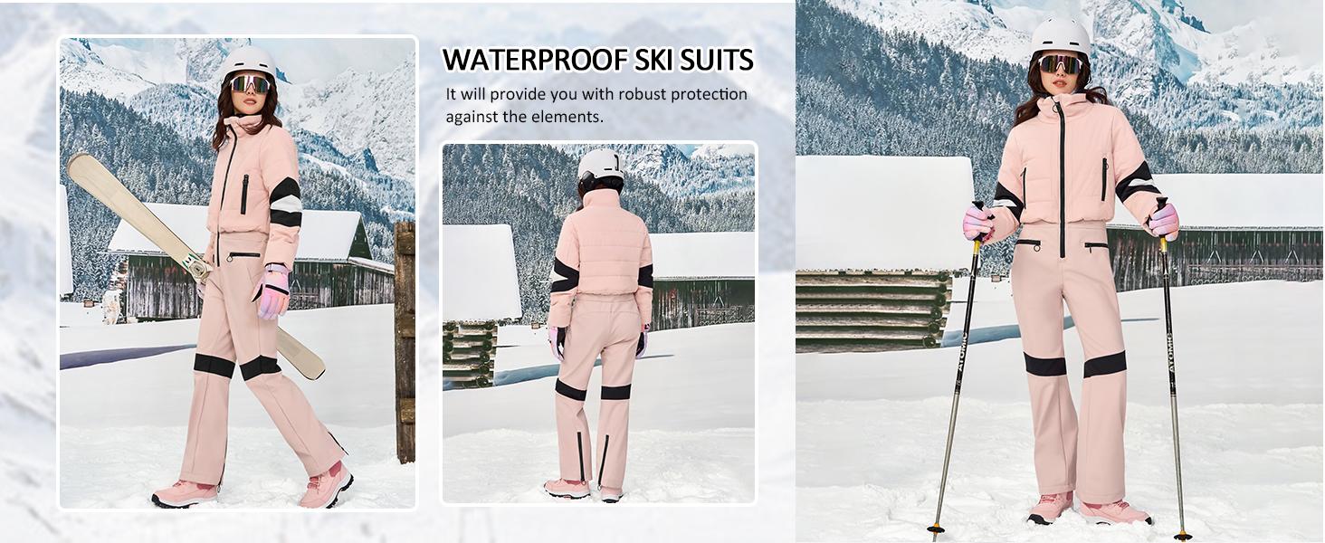 Yousify Womens Onesie Ski Suit Winter Outdoor Sports Warm Waterproof Snowsuit Color Block Jumpsuits Snow Jackets
