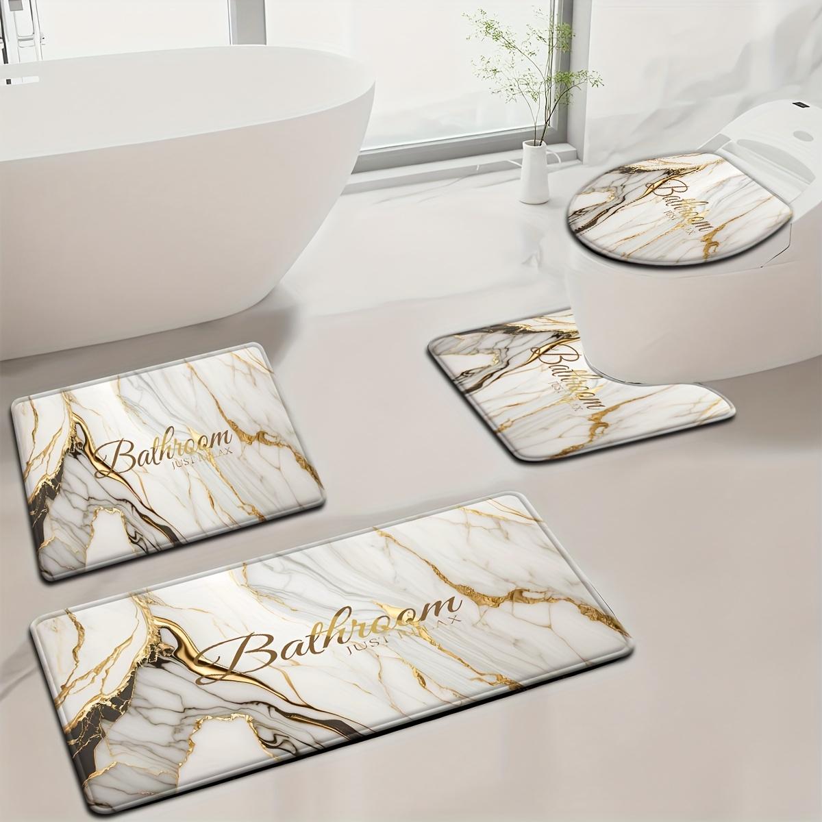 4-Piece Marble Pattern Bathroom Rug Set, Abstract Swirl Ink Fluid Art Bath Mat with "Just Relax" Print, Non-Slip Absorbent Bathroom Accessories with Toilet Lid Cover & U-Shaped Mat for Modern Bathroom Decor