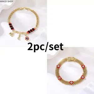 2 Piece Gold Plated Charm Bracelet Set for Men and Women, Boho Evil Eye and Elephant Wristband Jewelry for Daily Wear and Anklet Styling