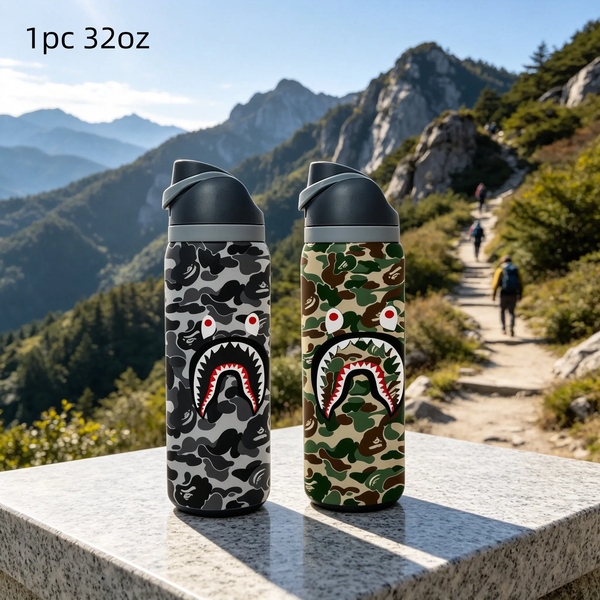 1pc 32oz Stainless Steel Insulated Cup, Camouflage Shark Design, Leak-Proof Portable Vacuum Travel Mug, Ideal for Outdoor Fitness, Office, Camping