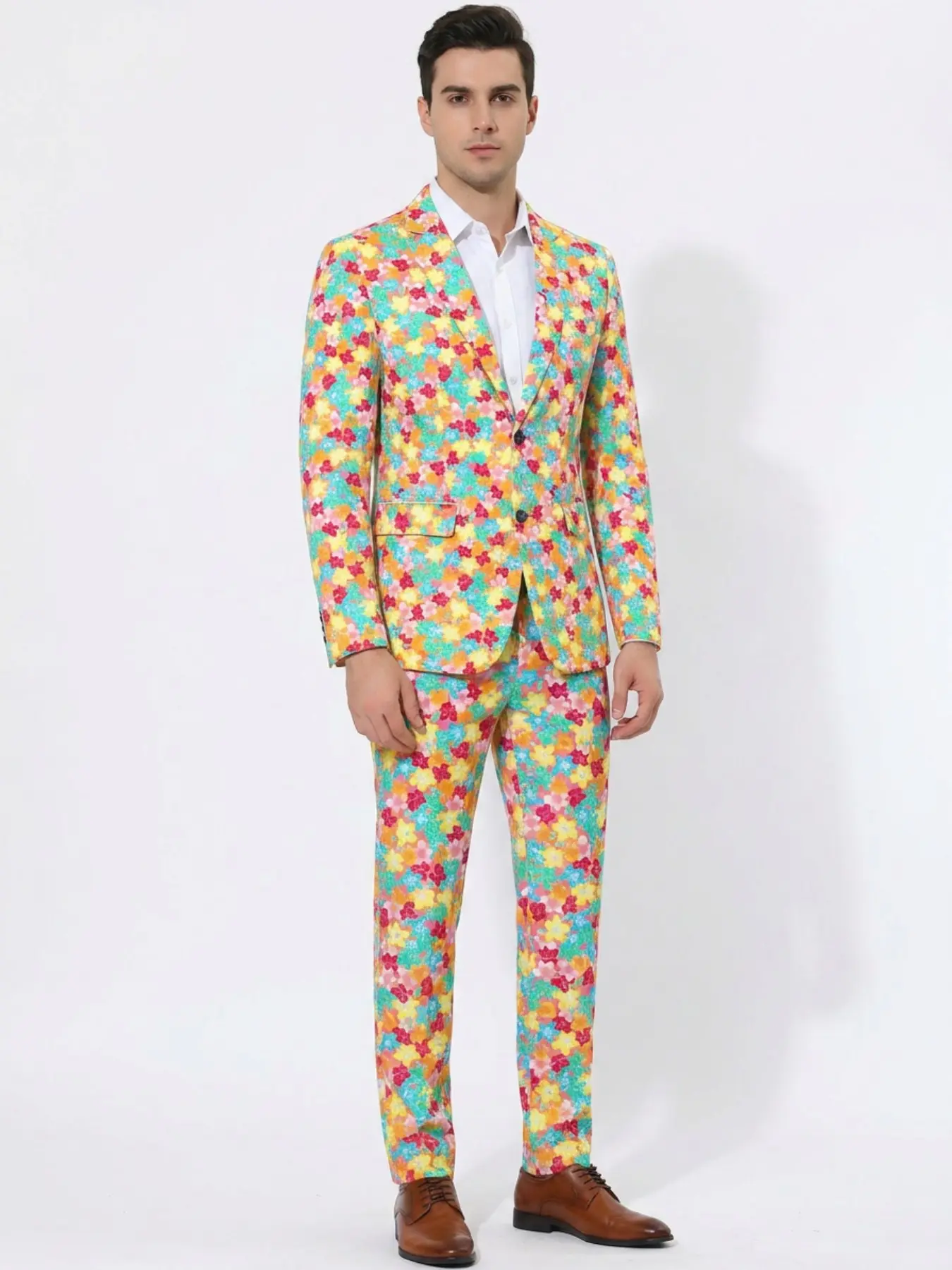 Men's Colorful Floral Blazer Set, All over Print Long Sleeve Blazer & Matching Pants, Party Fashion, Spring & Fall Wear