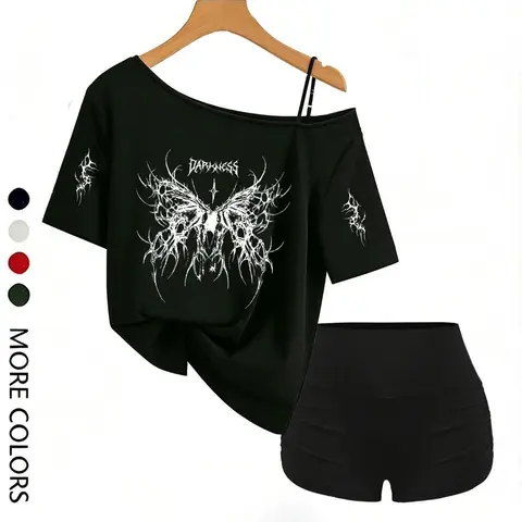 Women's Spring/summer Y2K Grunge Aesthetic 2-Piece Set Clothes, Gothic Tree of Life & Moon Phase Print, Off-Shoulder Tee, High-Waisted Shorts, Casual, Shorts Loungewear Set