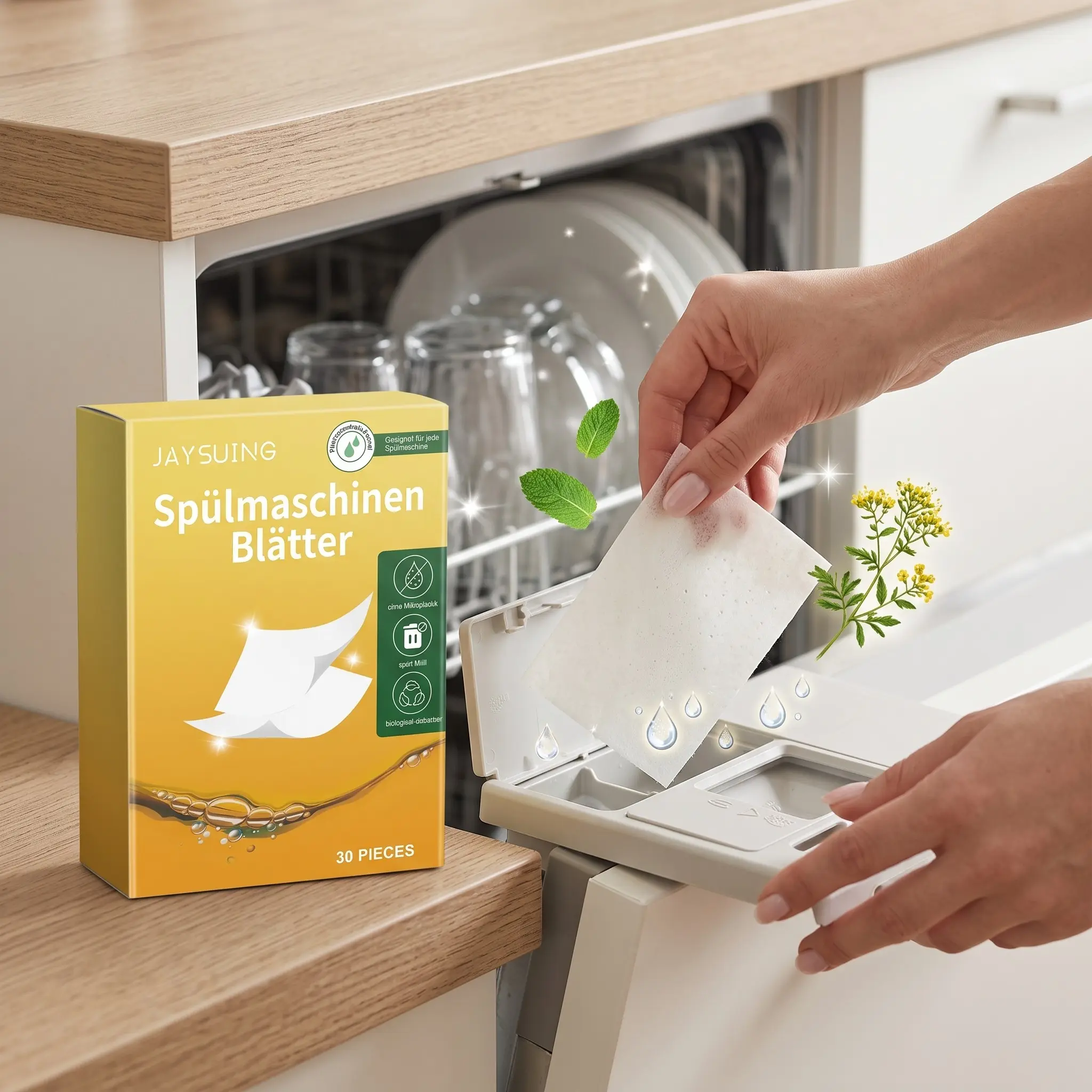 Jaysuing Dishwasher Detergent Tablets, High Efficiency Oil Removal, Gentle on Hands, Quick Dissolve, Machine Wash Compatible, Portable