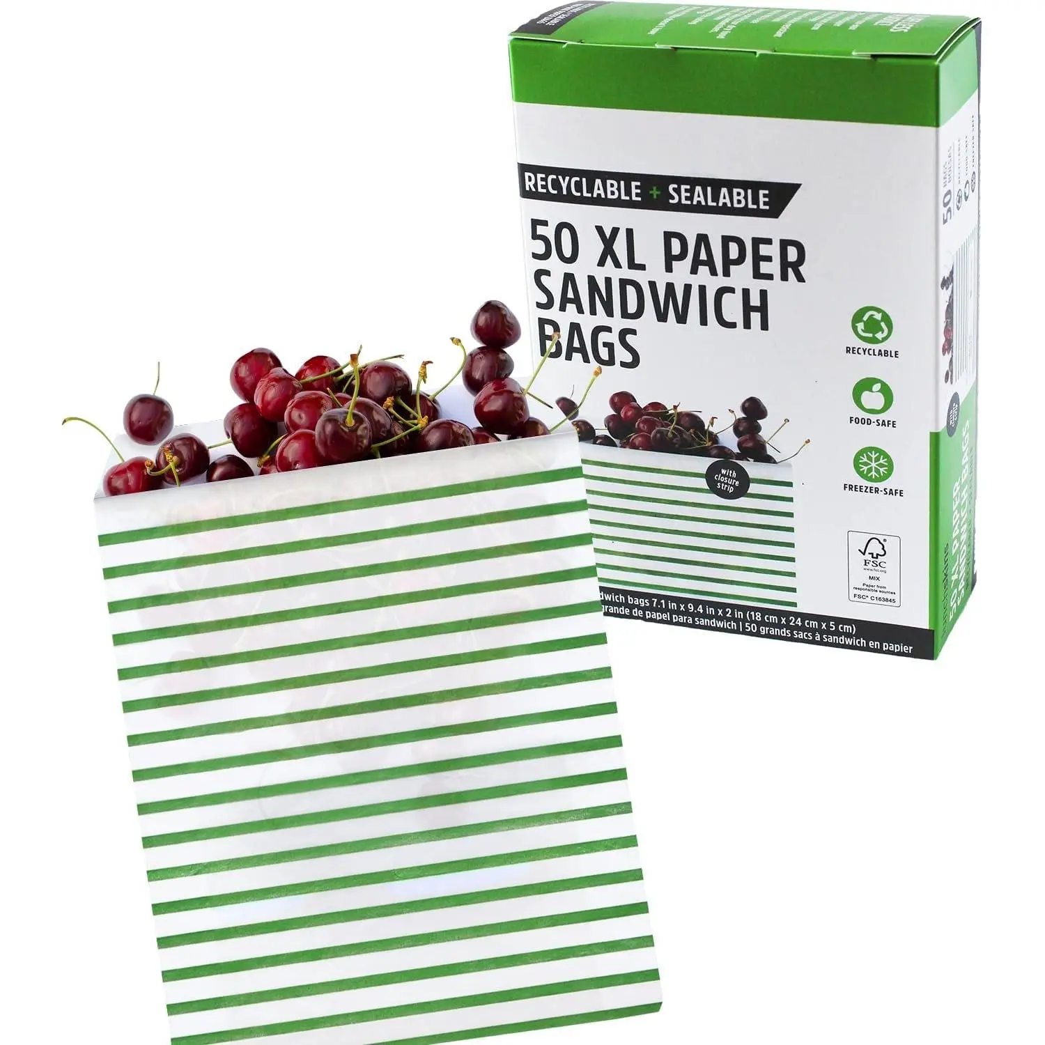 Extra Large Stripes Pleated Travel Lunch Storage Bags - 50 Count, Recyclable, Sealable, Freezer-Safe Glassine Paper with Self-Adhesive Closure