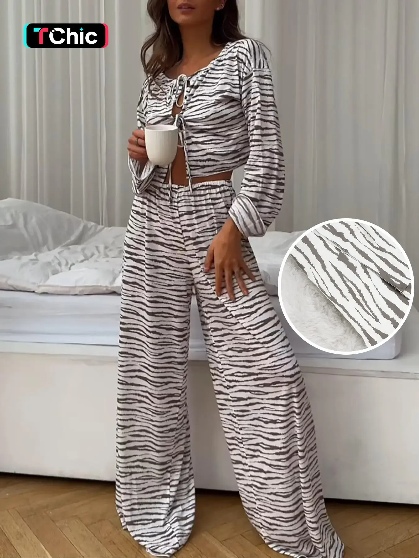 Two-Piece Set Women's Zebra Stripe Print Tie Front Crop Top & Elastic Waist Wide Leg Pants Pyjama, Striped Casual Comfy Drop Shoulder Long Sleeve Knit Top & Trousers Matching PJ Set, Women's Sleepwear & Loungewear for Spring/Summer Pajamas Soft
