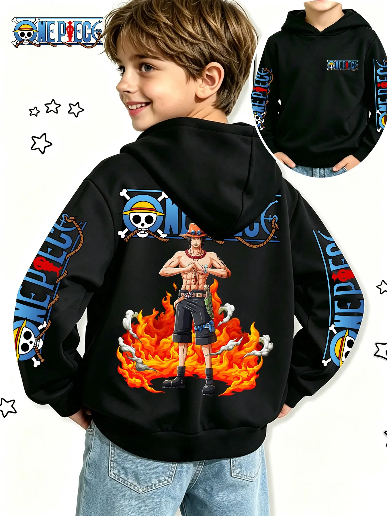 One Piece Official Boys' Anime Sweatshirt, Ace Flame Pose Print, Spring & Fall Casual Hoodie, Perfect for Gifts & Daily Wear