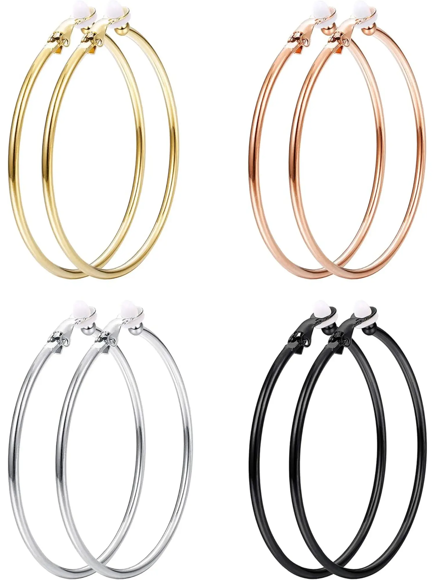 4 Pairs Clip On Hoop Earrings for Women Silver Gold Rose Gold Tone Black Unpierced Hoop Earrings Non-pierced Fashionable Hoop Earrings