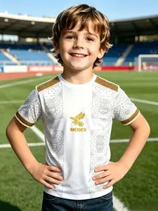 Mexican Totem Golden Eagle Kids Football Short Sleeve, Gold Retro Ethnic Style Boys' T-Shirt, Casual Slim-Fit Graphic Tee