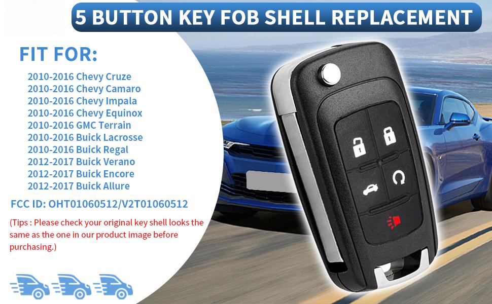 THE WELL KEPT 5 Button Key Fob Shell Replacement for Chevy Cruze Camaro Impala Equinox GMC Terrain Buick Regal Lacrosse 2017 2016 2015 2014 2013 2012 2011 2010 OHT 01060512   Keyless Entry Remote Flip Car Key Fob Case