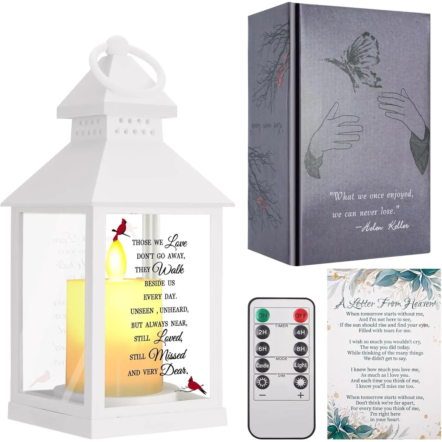 Sympathy Gifts for Loss of Loved , Memorial  Lantern with Card, Bereavement  Candle Lights, Memory Lamp with Remote for Funeral Remembrance or Condolences (White)