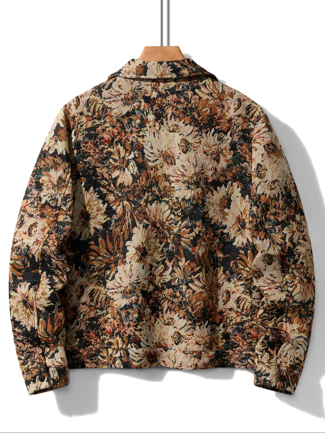 Men's Floral Print Button Front Jacket, Coats, Regular Fit Casual Long Sleeve Collared Outerwear for Fall & Winter, Men's Clothes for Daily Wear