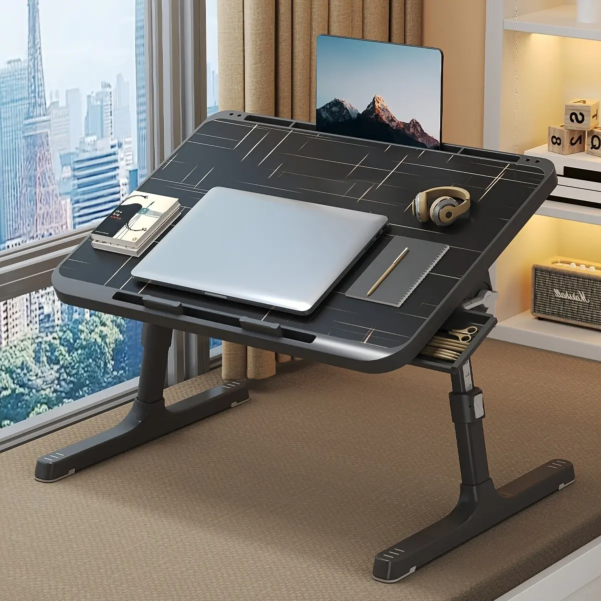 Adjustable Height Laptop Bed Table - Foldable Bed Desk with Card Slot & Side Drawer | Dormitory Study Table & Bedside Small Table