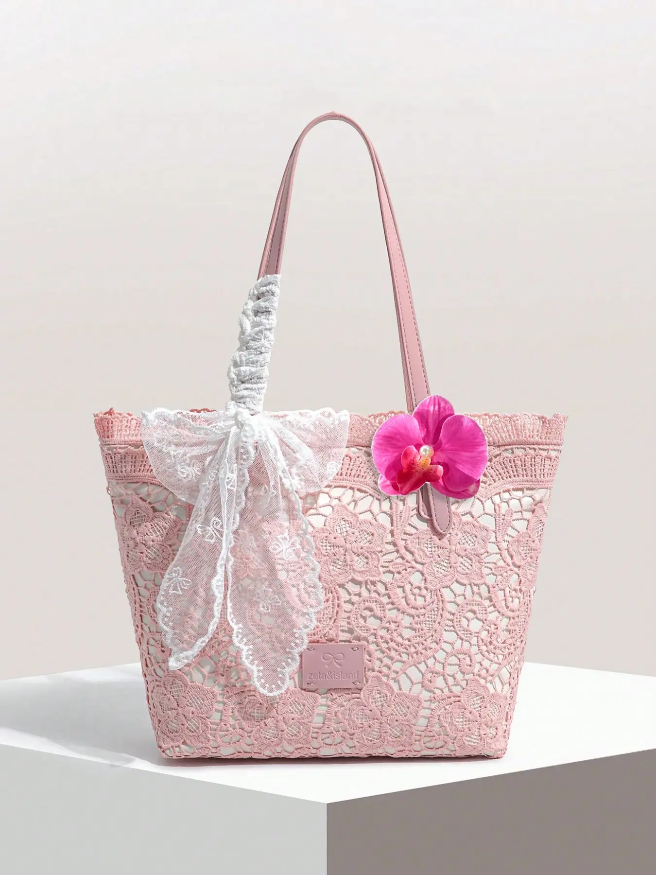 Coquette Pink Floral Hollow Lace Embellished Tote Handbag Featuring Heart Printed Satin Bow & Artificial Orchid Ornament, Smooth PU Leather Strap Large Shoulder Bag, Casual Trendy Bag, Ideal for Summer Vacation, Daily Commute
