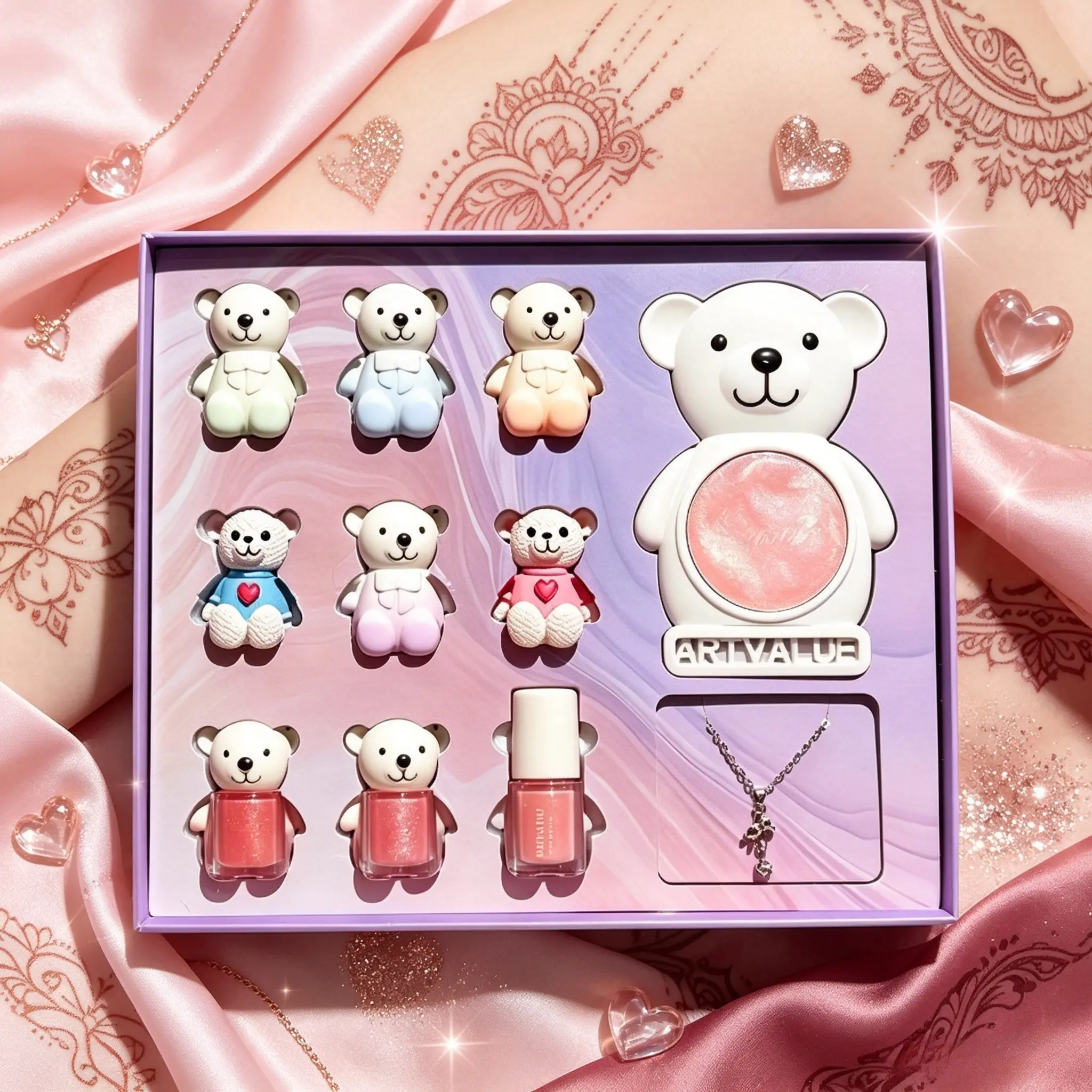 Bear family full lip makeup gift set with matte velvety lip mud & glossy hydrating lip milk. Comes with cute bear pendant necklace in elegant box, perfect romantic cosmetic gift for girlfriends and besties on Christmas holiday.