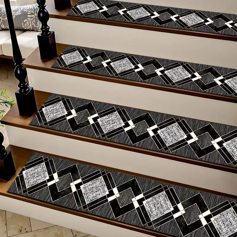 1/4/15pcs Vintage Black White Geometric Plaid Diatom Mud Stair Treads, Super Absorbent Non Slip Carpet Mats for Wood Steps, Quick Drying Moisture Wicking Stair Runners, Anti Slip Washable Rugs for Dogs Kids Elderly