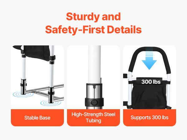 Bed Rail for Elderly, Bedside Assist Rails with Side Handle and PU Handrail, Adjustable Height Carbon Steel Pipe Bedside Cane, Bed Bars for Seniors & Patients, Fits King, Queen, Full, Twin