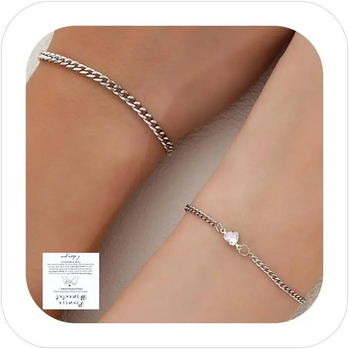 Couples Bracelets Bracelet Matching Bracelets for Couples Boyfriend Gifts Relationship    Accessorie  and  Cuban Stainless Steel Chain Cute Heart Cubic Zirconia Bracelet