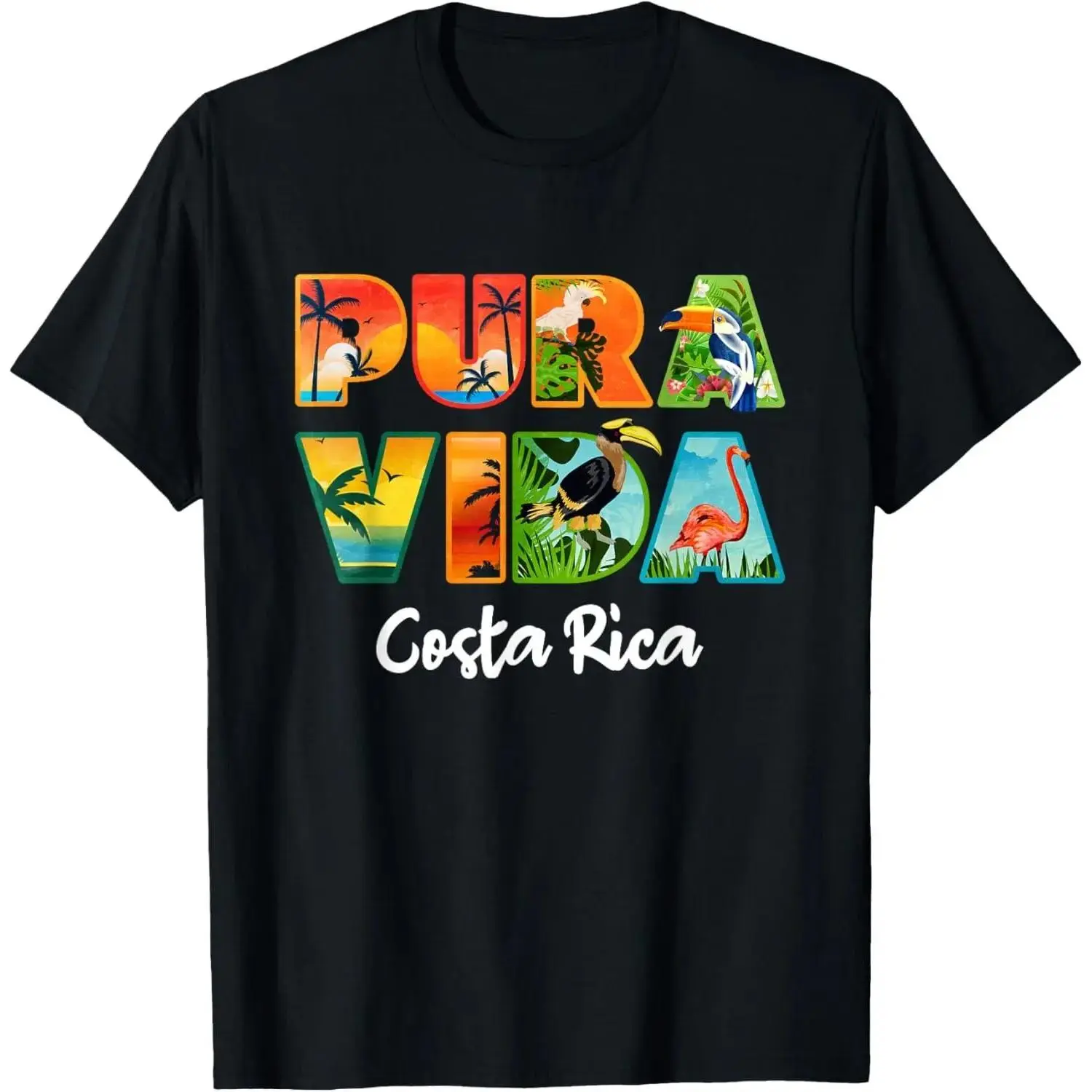 Men's Casual Short-Sleeve Round Neck Rainforest Theme T-Shirt, Tropical Costa Rica Pura Vida Toucan Flamingo Travel Vacation Souvenir Graphic Sports Top, Menswear, Graphic Print