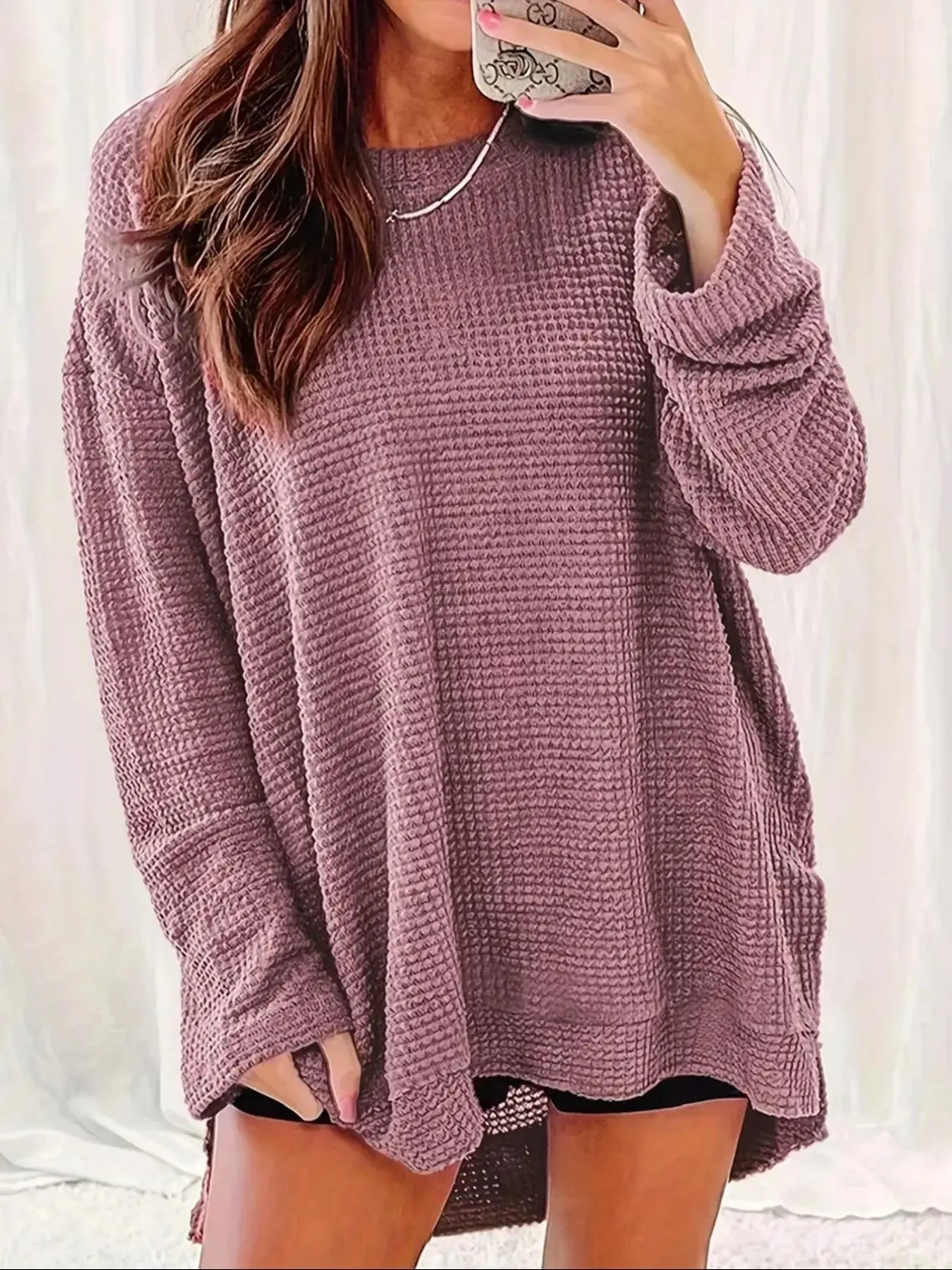Plus Size Solid Waffle Knit Long Sleeve Top, Casual Crew Neck Loose Oversized Baggy T-shirt, Trendy Minimalist Tops, Relaxed Fit Daily Casual Ensembles, Stylish Slit Hem Lounge Wear
