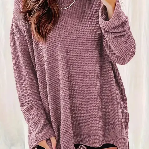 Plus-Size Solid Waffle-Knit Long-Sleeve Top, Casual Crew-Neck Oversized Tunic Top with Side-Slit Hem, Minimalist Loungewear for Everyday Use Winter