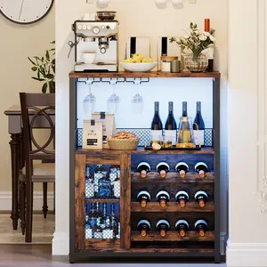 GARVEERustic Brown Wine Bar Cabinet with LED Lighting, Adjustable Shelves, Mesh Door & Baffle, 12+ Bottle Capacity, 9 Glass Holders, 3-Tier Storage, Remote Control, Compact 36" Tall Liquor Cabinet for Home, Kitchen, Dining Room