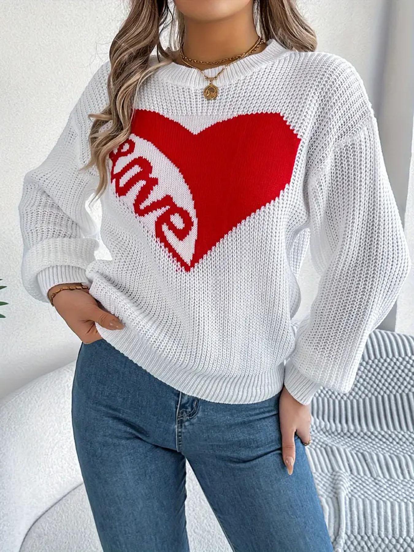 New Heart Loose Knit Sweater for Women, Autumn Winter Round Neck Pullover, Casual Colorblock Design, Lazy Style Heart Pattern Top, Knitted Shirt