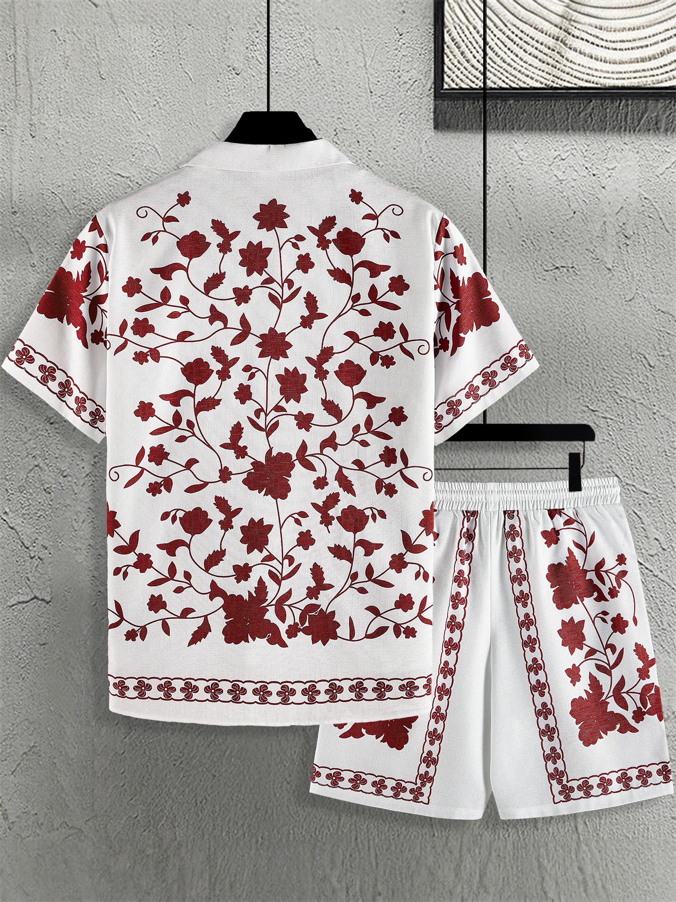 Men's Ethnic Pattern Button Front Shirt & Shorts Loungewear Two-Piece Set, Casual Comfy Short Sleeve Top & Shorts PJ Set, Men's Sleepwear for Summer