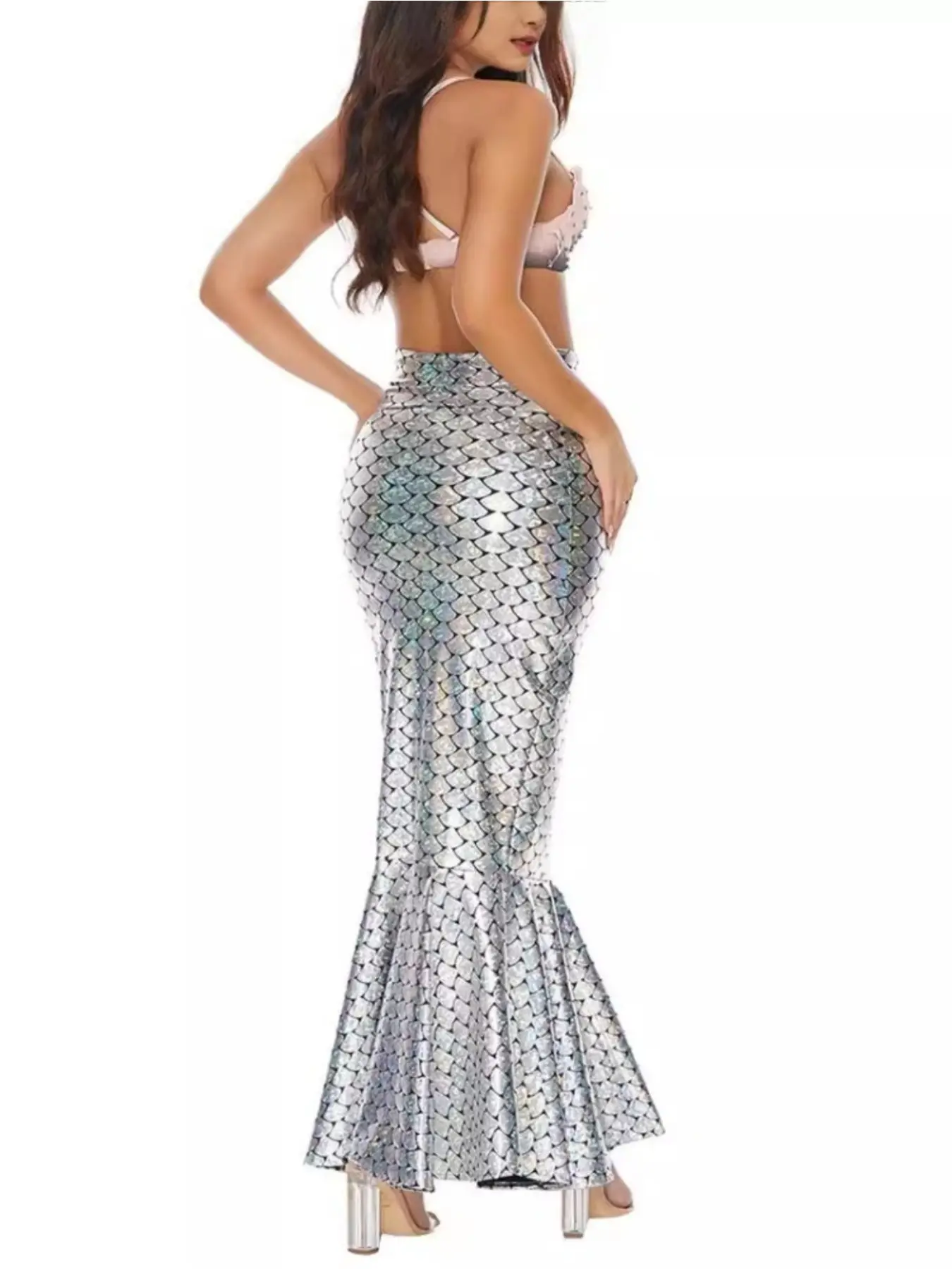 Adult Womens Mermaid Costume Set, Holographic Scale Mermaid Tail Skirt, Long Skirt, Perfect for Halloween, Cosplay, Themed Parties & Carnival