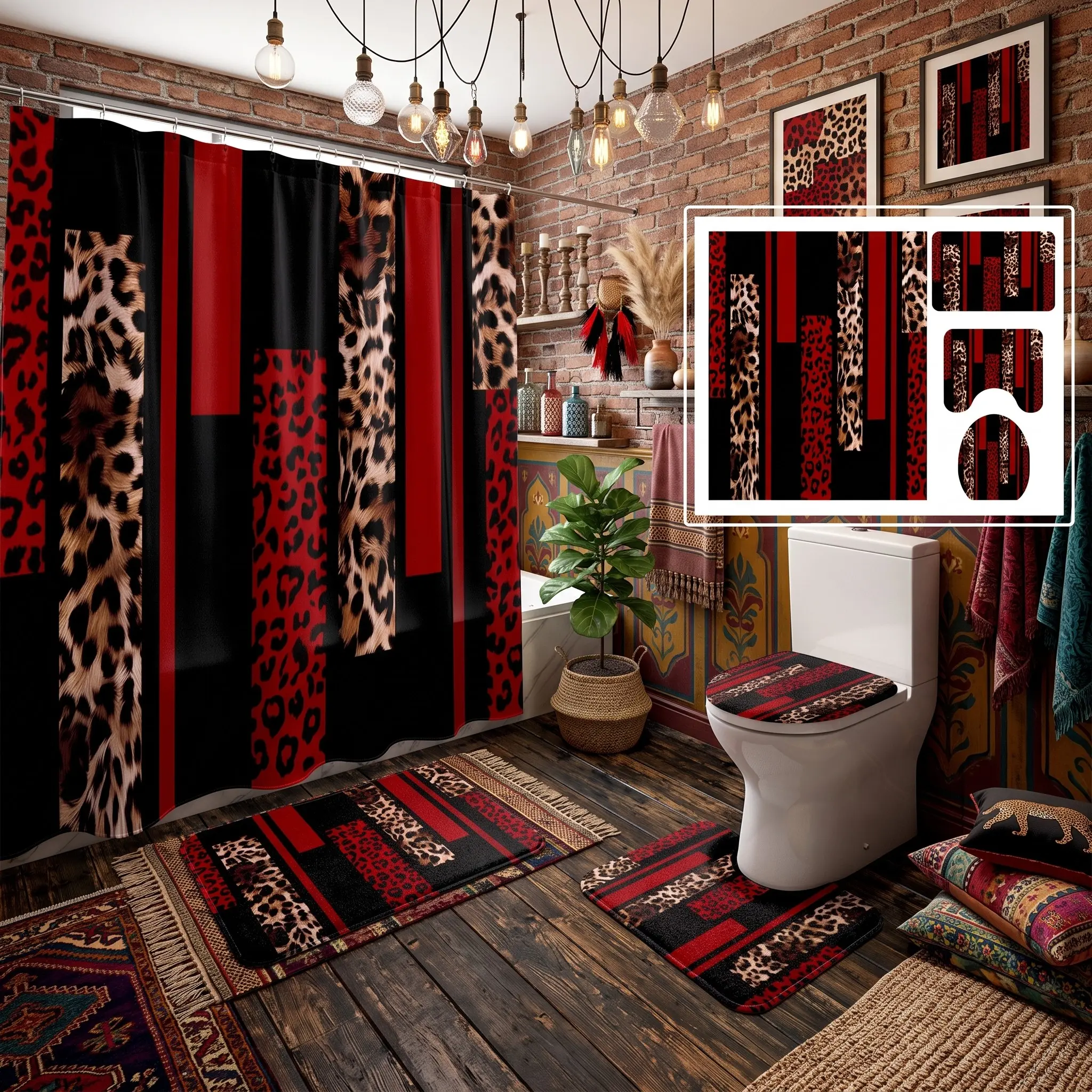 4pcs Cheetah Print Shower Curtain Set, Non-Slip Rugs,The floor mat fabric is thicker and softer! Modern Animal Skin Pattern, Boho Chic Bathroom Decor, Halloween Thanksgiving Theme
