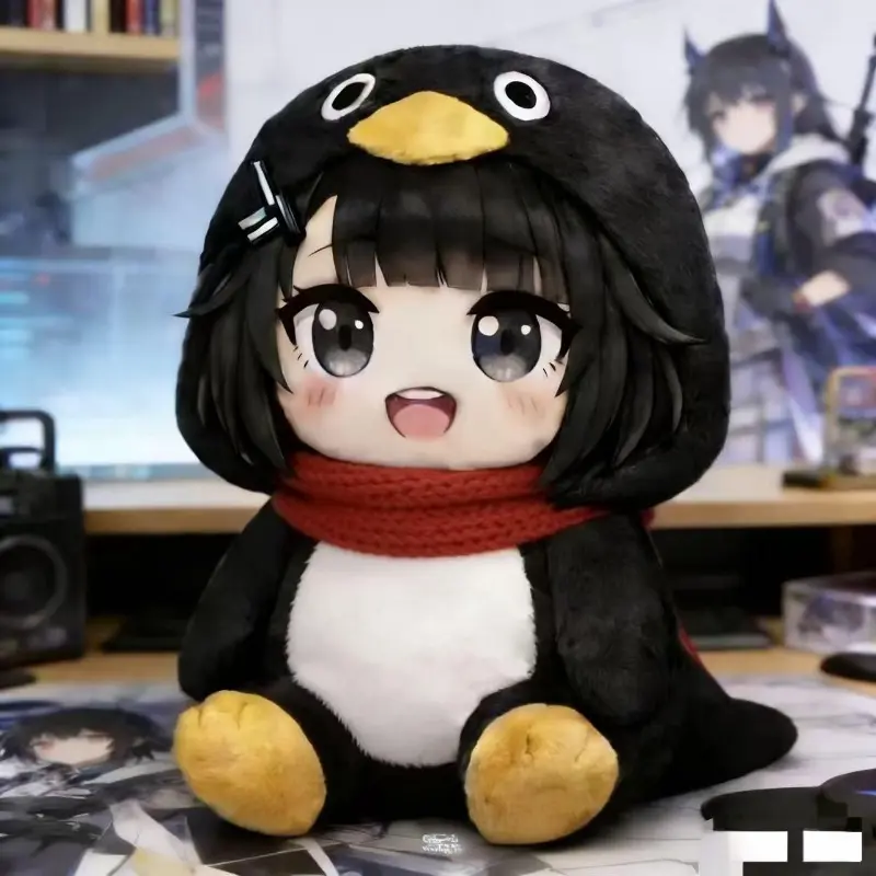 35cm Fluffy Penguin Hood Girl Plush Doll Soft Furry Animal Head Cover Sitting Stuffed Decor Gift
