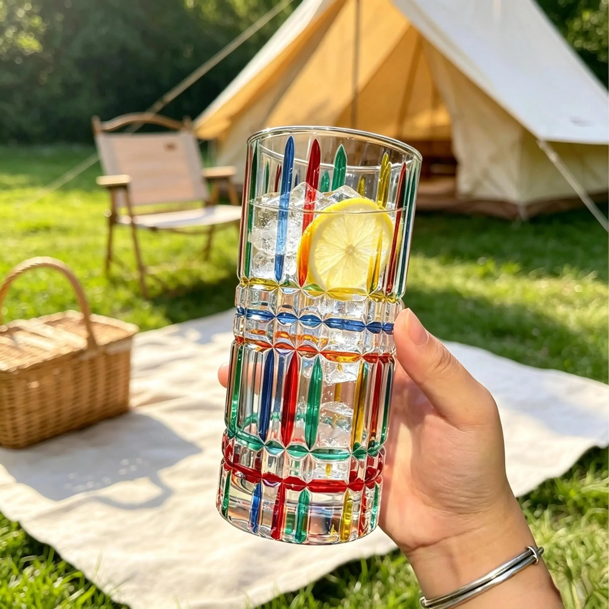 European Hand-Painted Vertical Stripe Glass Cup, 400ML Retro Colored Water Cup, High-End Whiskey Coffee Juice Cup, Festival Gift