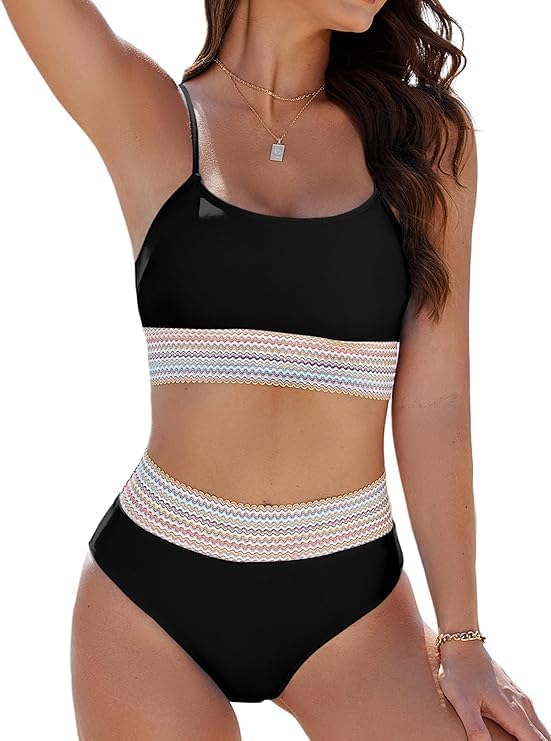 Bikini Sets for Womens Tummy Control Swimsuits High Waisted Two Piece Bathing Suits Color Block Spaghetti Straps 2026