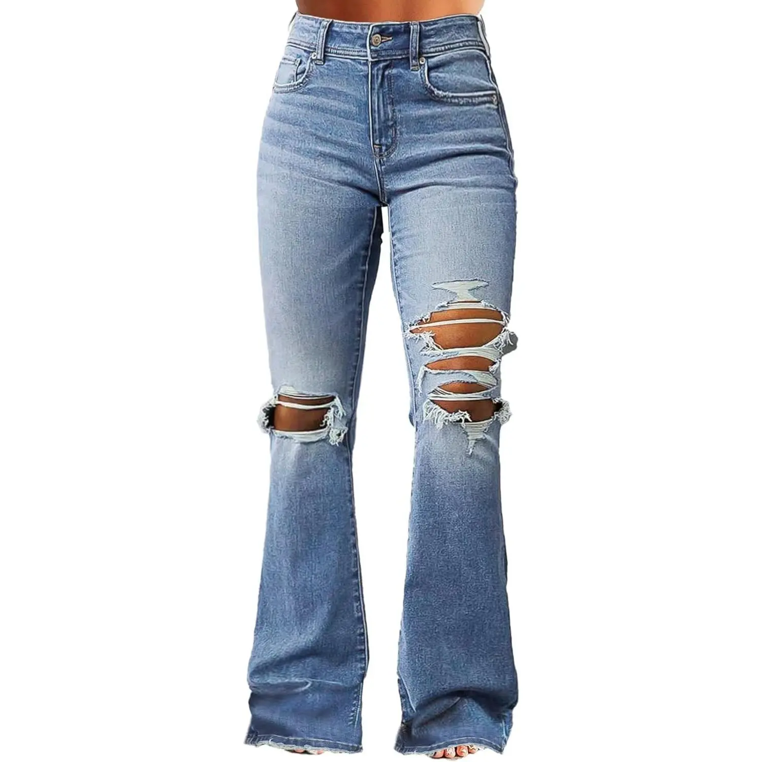 Women's Stretchy Mid Rise Ripped Distressed Bell Bottom Jeans with Cut Out Details, Flared Denim Bootcut Pants(Gift)