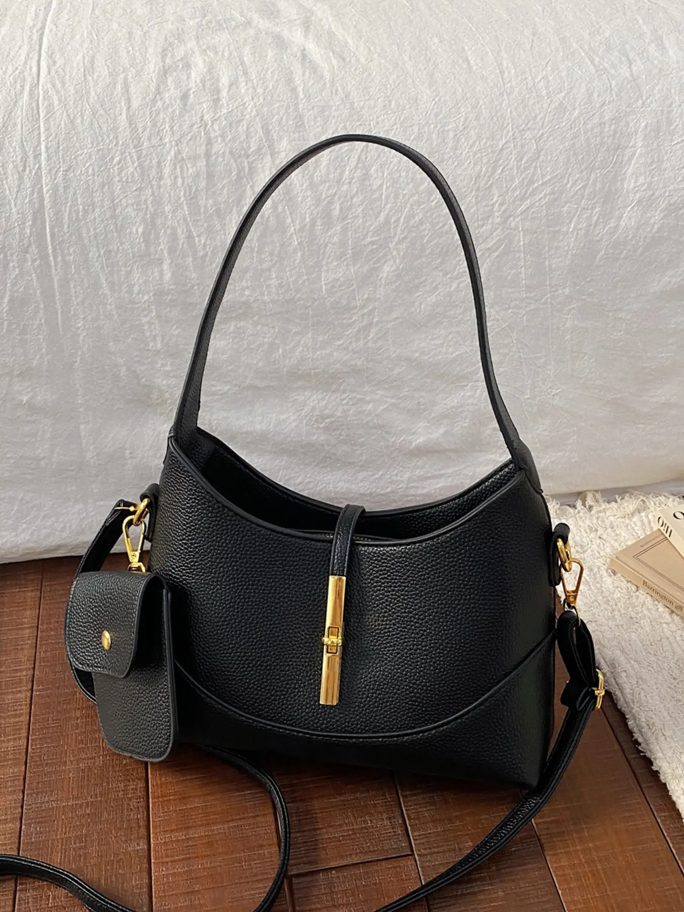 1Pc Black Textured Hobo Shoulder Bag Detachable Mini Coin Purse Dual Carry Straps Metal Bar Lock Decor Roomy Interior for Daily Commute Shopping City Strolls Weekend Casual Outings